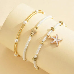 Summer Bohemian Style Starfish Shell Millet Bead Ankle Chain Three-Layer Set Beachy Elegant Foot Jewelry Accessory