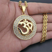 Hip Hop Iced Out Bling Yoga Pendant Gold Color Stainless Steel OHM Hindu Buddhist AUM OM Round Necklaces for Men Jewelry Gift