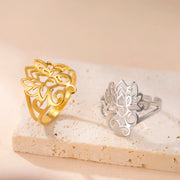 Skyrim Retro Lotus OM Symbol Open Ring Stainless Steel Women's Buddhist Adjustable Talisman Couple Anniversary Jewelry Gift
