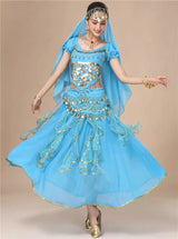 Bollywood Dress Adult Costume Women Oriental Sari Indian Arabic Dance Belly Clothing Performance Chiffon Skirt Set Clothes