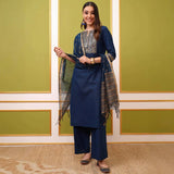 ભારતીય મહિલાઓના કપડાં નેપાળ અનોખા નવા વાદળી ભારતીય-પાકિસ્તાની શૈલીના રાઉન્ડ નેક કોટન બ્લેન્ડ ભરતકામવાળા વસંત ઉનાળાના સેટ