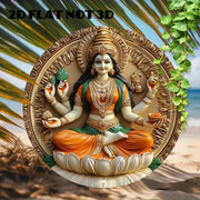 2D Flat Round Aluminum Wall Art Decor - Laxmi Goddess on For Lotus, Vibrant Hindu Deity Design, Religious, Indian Home Decor