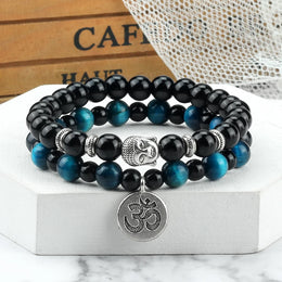 Natural Stone Bracelet Set Men Vintage Ethnic Buddha Braclets Charm OM Symbol Bangles Friendship Women Yoga Healing Jewelry Gift