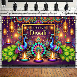 1 Vibrant Diwali Backdrop Cloth - Colorful Peacock and Diya Design, No Power Required