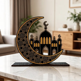 Ramadan Kareem Eid Mubarak Table Decorations - Wooden Tabletop, Black Gold Islamic Ramadan Decoration for Home Party