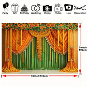 બહુમુખી ભારતીય પૂજા થીમ આધારિત પાર્ટી બેકડ્રોપ્સ - કેલેંડુલા માળા ડિઝાઇન, જન્મદિવસ, વર્ષગાંઠો અને વધુ માટે પોલિએસ્ટર