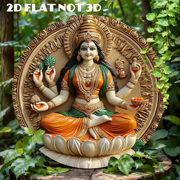 2D Flat Round Aluminum Wall Art Decor - Laxmi Goddess on For Lotus, Vibrant Hindu Deity Design, Religious, Indian Home Decor