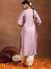 ભારતીય મહિલા કપડાં અનોખા રાઉન્ડ નેક લૂઝ પર્પલ એક્ઝોટિક સ્ટાઇલ કોટન બ્લેન્ડ એમ્બ્રોઇડરી કરેલ વસંત ઉનાળાની મધ્ય-લંબાઈનો ટોપ