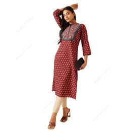 Spring Summer Women's Ethnic Maroon Floral Print Kurta Indian Tunic Top Long Kurti Dress Boho Chic Thin Daily Wear