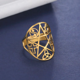 Hollow out retro Celtic knot Bagua diagram cross ring yoga Om symbol ring stainless steel adjustable ring jewelry gift