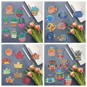 10 DIY diamond painting sets: Cactus/fish/Maple leaf/Indian/Pattern, non-slip wooden coasters, living room, kitchen